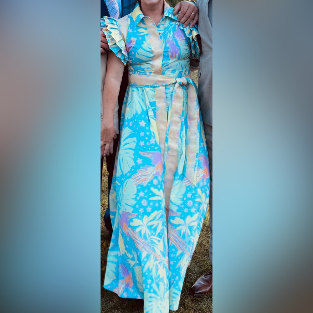 Yellow and Blue A-Line Maxi Dress with Tie Front - Picture 4 of 4